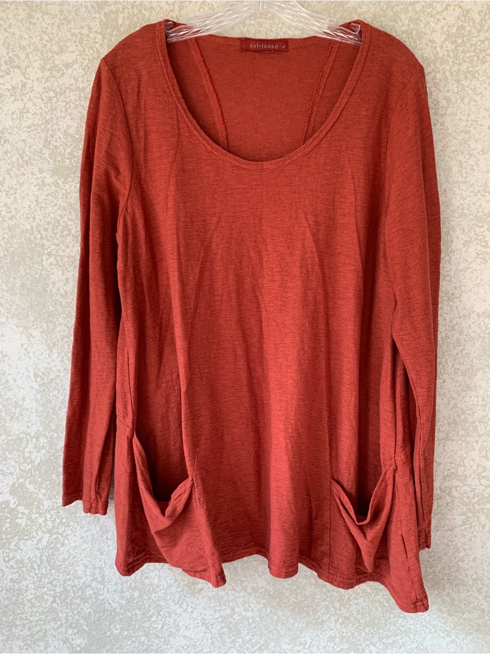 cut loose Rust Scoop Neck Long-Sleeve Pocket Tunic Large Cotton Linen Fall